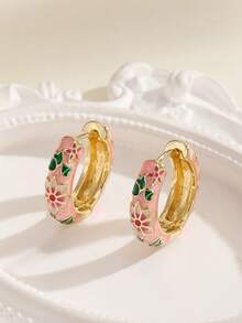 1Pair Fashion Copper Material Flower Pattern Hoop Earrings Jewelry For Women Girls - Pink - View 1