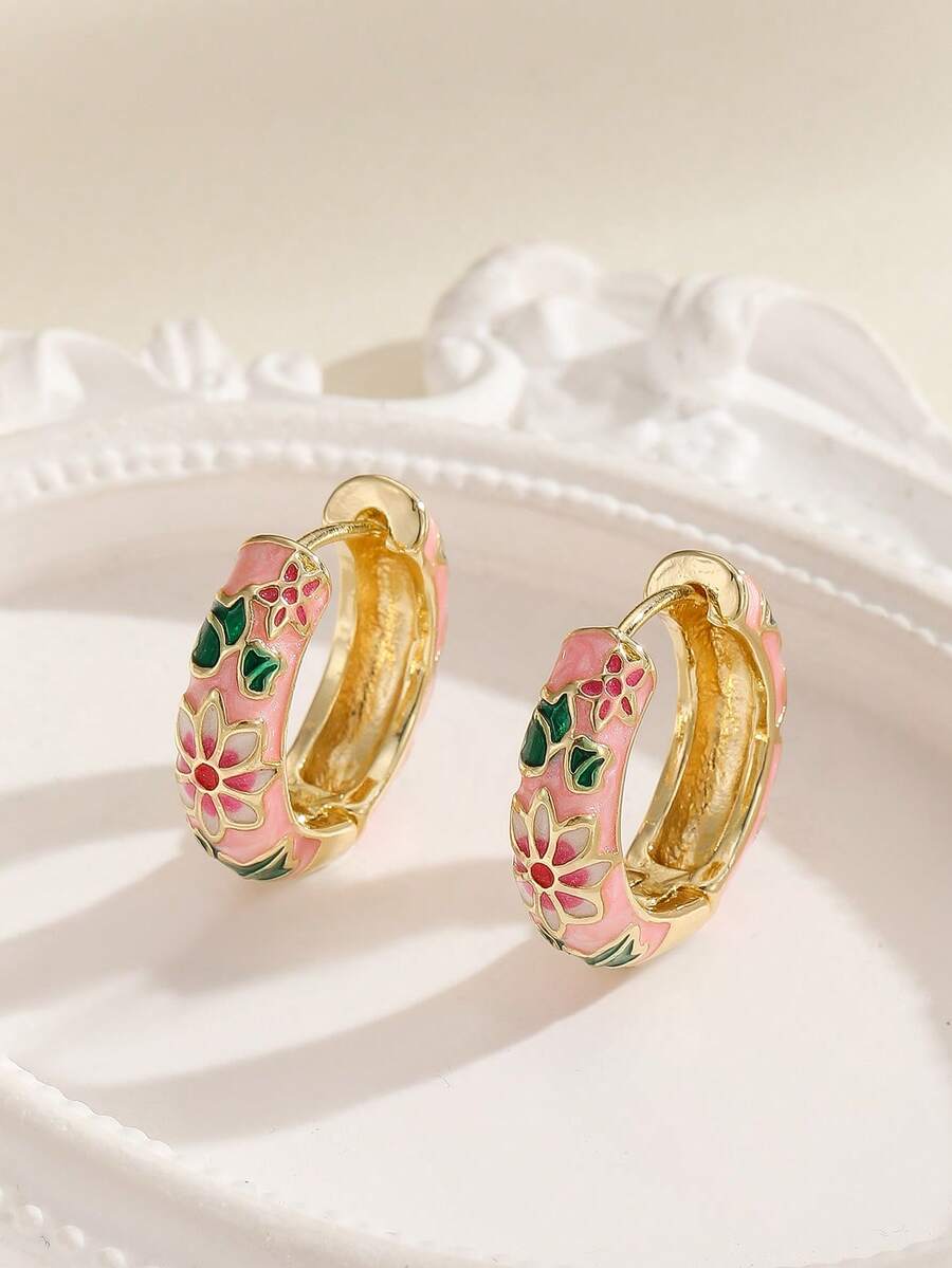 1Pair Fashion Copper Material Flower Pattern Hoop Earrings Jewelry For Women Girls - Pink - View 1