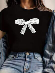 BoW American  Printed Fashion T-Shirt For Women, New Slim-Fit Design For Spring And Summer, Round Neck Short Sleeve Top For A Casual Look. - Black - View 1