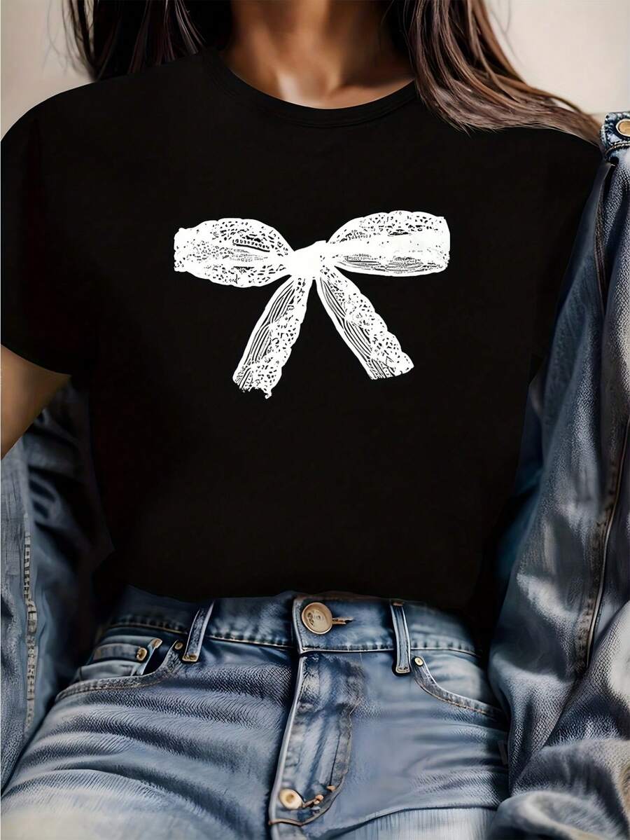 BoW American Printed Fashion T-Shirt For Women, New Slim-Fit Design For Spring And Summer, Round Neck Short Sleeve Top For A Casual Look. - Black - View 1
