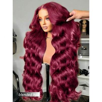 10-36英寸 180%密度 波浪卷发 13x4蕾丝闭合假发 真人混纺高清蕾丝闭合假发 女士真人混纺蕾丝前假发 预先拔毛并带有婴儿发 姜黄色 99J 酒红色