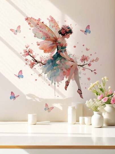 1张桃花枝花卉翅膀女孩墙贴，可移除装饰，适用于卧室、客厅、儿童房