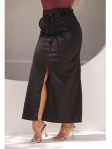 Saia Midi Feminina evângelica SUZY TECIDO LINHO PREMIUM Cintura Alta com Fenda Frontal Elegante e Confortável - Preto - Visão 1
