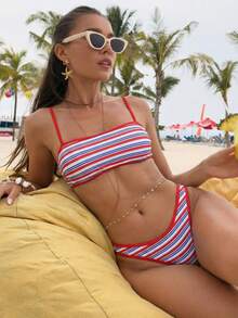 女士两件式泳衣，细肩带条纹印花比基尼套装，夏季沙滩度假泳装 - 彩色 - 查看 1