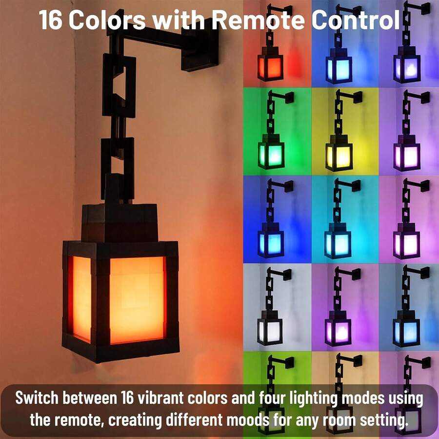 Pixelated Lantern LED Night Light, 16-Color Led Wall Mood Night Light With Remote Control, Rechargeable Table/Wall Night Lamp, For Bedroom & Home Decoration (With Chain) - Nhiều màu - Xem 1