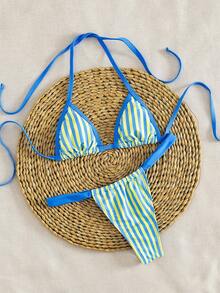 New Solid Color Halter Tie Elegant Sexy Micro Triangle Bikini Set, Summer Beach Fashion Swimwear For Women Vacation - Yellow and Blue Stripes - View 4