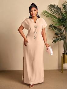 BIUBIU Đầm dài cỡ lớn màu be có cúc trang trí - Cổ chữ V, tay ngắn, thắt eo, xẻ tà sau, thích hợp cho kỳ nghỉ hè và mặc thường ngày thanh lịch. - kaki nhẹ - Xem 5