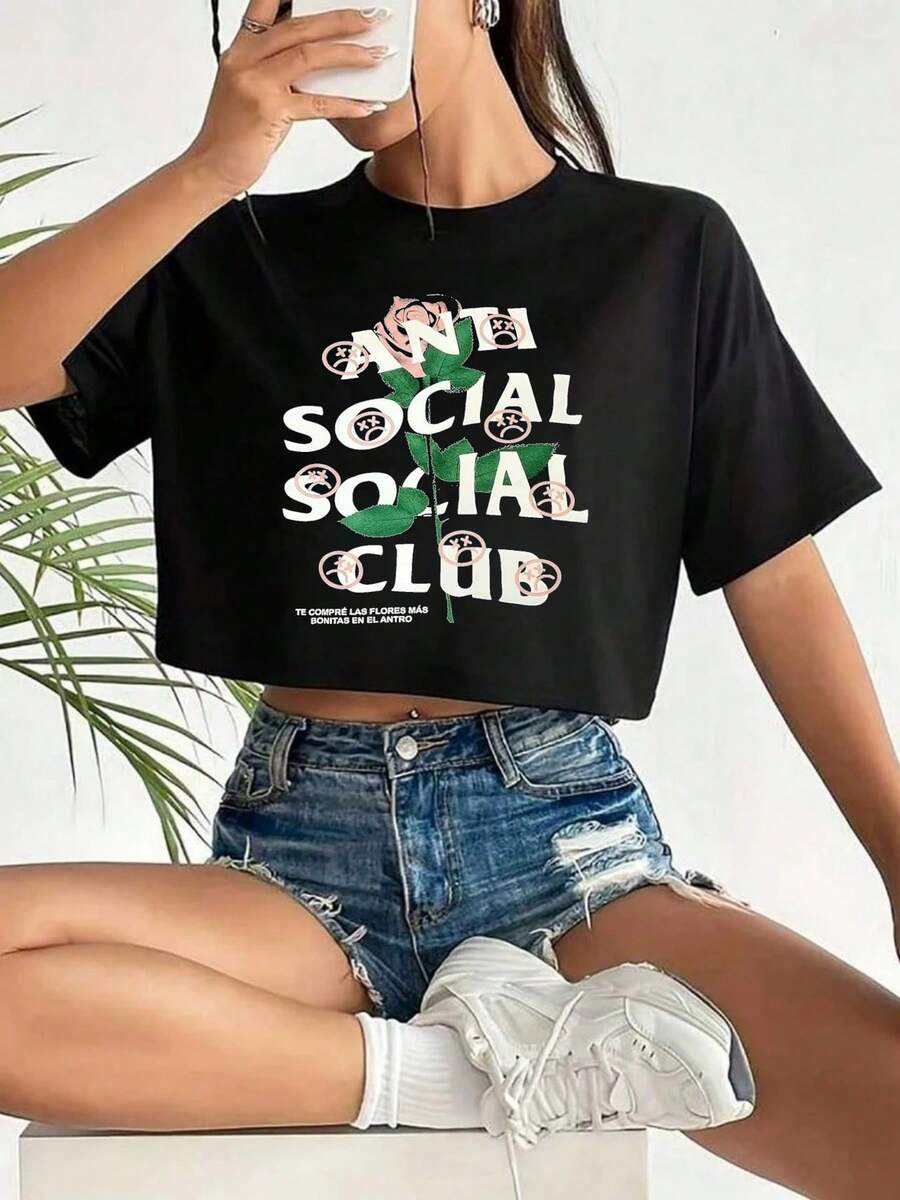 Women's Summer Clothing Cropped Women's T-Shirt Artistic Graphic Featuring A Blooming Rose Intertwined With Bold Anti Social Club Text Symbolizing Contrast Between Beauty And Isolation Vintage 100% 220g Pure Cotton Casual Tee For Women,Street Y2K, Summer Tops, New Year Gifts,Unisex - 黑色 - 查看 1
