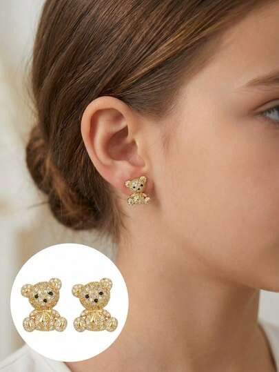 1 Pair Cute Gold-Tone Copper Zirconia Bear Stud Earrings, Party Decorative Earrings, Jewelry Gift For Friends And Family