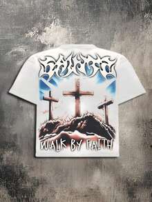 Y2K Style Jesus Crucifixion, Religious Redemption, American Airbrush Printing Cotton T-Shirt - Soft, Breathable, 100% Pure Cotton Fabric - Comfortable And Energetic Summer Street Style Short Sleeved T-Shirt, Cool Design Retro Summer Men's Daily Wear T-Shirt,Men's Casual, Comfortable, Fashionable T-Shirt, Street Style Cotton T-Shirt - 白色 - 查看 3