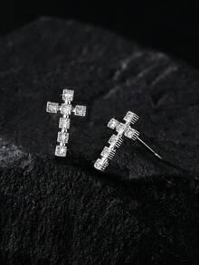 1 Pair Unisex Copper Inlaid Diamond Cross Earrings, Multi-Style Hollow Religious Cross Hypoallergenic Earrings, Punk Street Style Layered Earrings Suitable For Party And Daily Wear - Multicolor - View 19