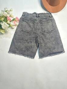Calções casuais de ganga femininos de perna reta com remendo de estrela, bainha desfiada, bolsos com fecho, estilo fofo para festa, sem elasticidade - Cinza - Ver 5