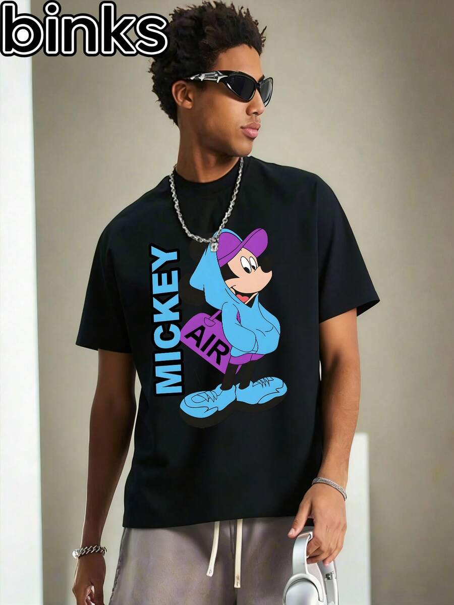 Disney Binks Mickey Mouse Cartoon Printed Short Sleeved T-Shirt, Fashionable Loose Sleeved T-Shirt On The Street. Spring And Summer Fashionable Versatile Tops, Holiday Gifts, Vintage Prints. - màu đen - Xem 1