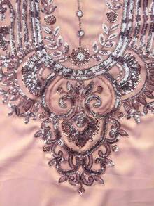 Vestido formal de satén con cuello alto, manga larga y cuentas hechas a mano con estampado aleatorio para mujer SUPGIR - Rosa - Ver 8