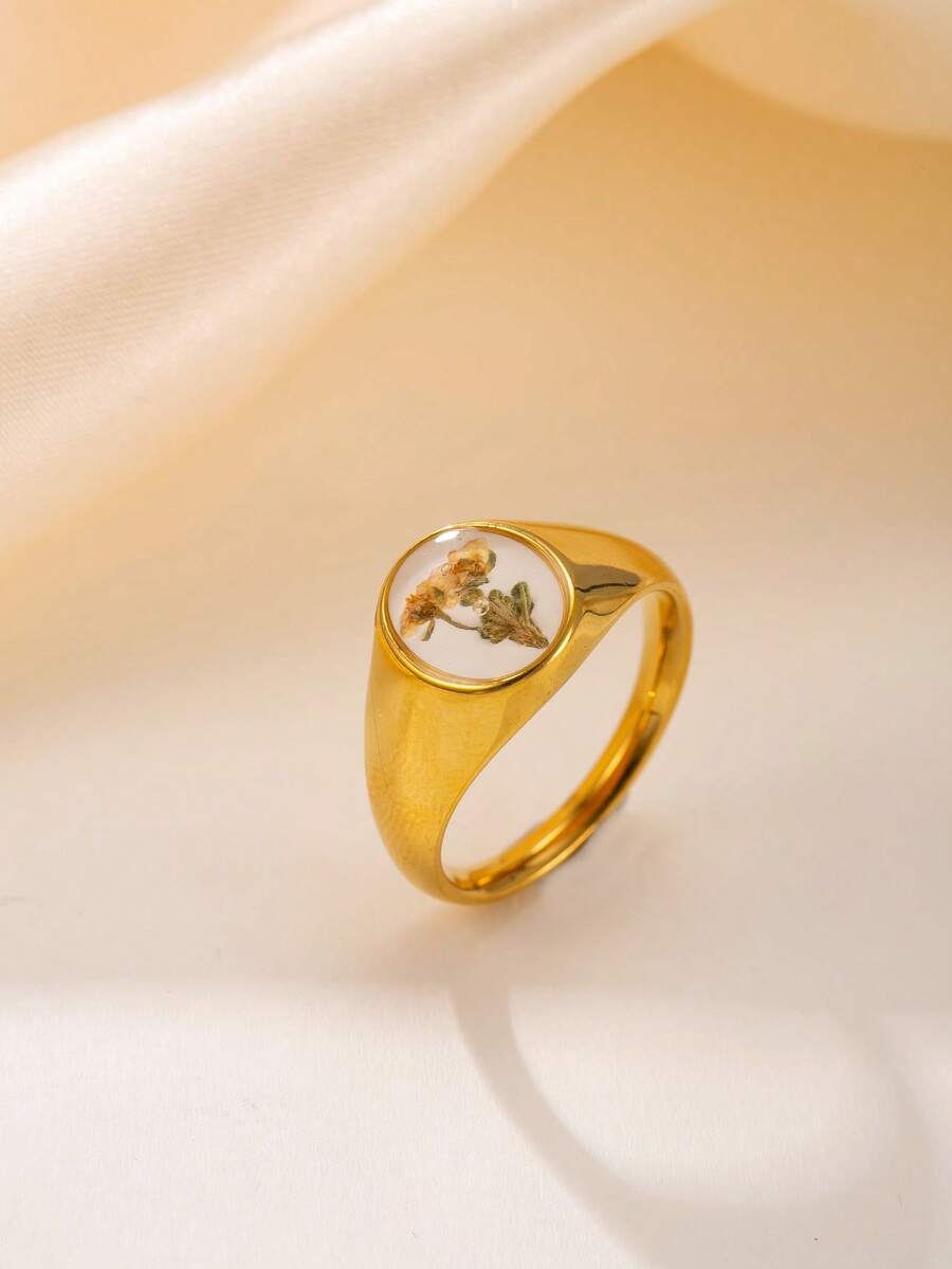 1 chiếc nhẫn thép không gỉ màu vàng/bạc thanh lịch, đính hoa khô (mỗi bông hoa đều độc đáo, màu sắc có thể khác nhau, lưu ý cho người mua nhạy cảm), nhiều kích cỡ, phù hợp cho nữ giới đeo hàng ngày hoặc làm quà tặng. - Vàng - Xem 1