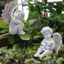 一套户外天使花园装饰摆件，树脂白色天使雕像，睡天使家居装饰，可爱天使纪念雕塑，天使摆件，适用于花园、庭院、花盆、仙女花园配件 - 天使套五 - 查看 5