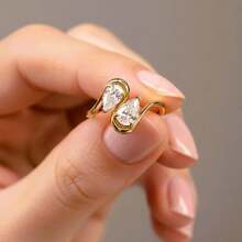 优雅水滴双色立方氧化锆18K镀金奢华女士结婚戒指 - 金色 - 查看 4
