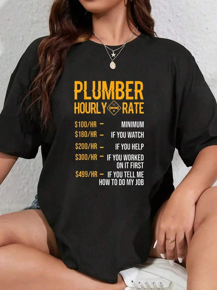 100% Cotton Funny Plumber Men Plumber Hourly Rate Plumber T-Shirt Women's Black Crew Neck T-Shirt Breathable Summer Tee Classic Fashion - 黑色 - 查看 1