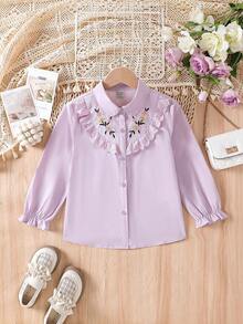 Camisa de manga larga con cuello vuelto bordado con flores para niña preadolescente, estilo universitario - Morado - Ver 1