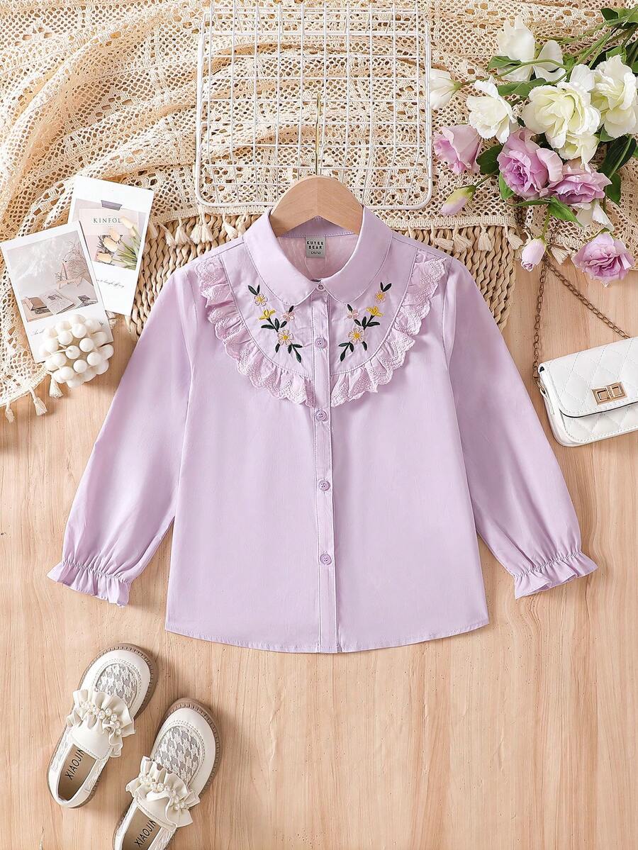 Camisa de manga larga con cuello vuelto bordado con flores para niña preadolescente, estilo universitario - Morado - Ver 1