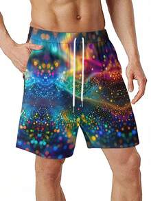 A Pair Of Men's Summer Athletic Shorts With A Light-Effect Particle Print, Vibrant And Refreshing, Made Of Lightweight And Breathable Polyester Fiber, Perfect For Beach Outings. - Multicolor - View 3