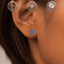 1 Pair Minimalist Elegant 925 Silver Flower Earrings Inlaid With Blue Synthetic Cubic Zirconia, Suitable For Daily, Party, Holiday, Date, Gift - Silver - View 7