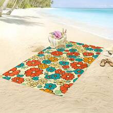 1pc Retro Orange & Blue Floral Microfiber Beach Towel, 360g 30x59inch, Durable & Soft Picnic & Summer Fun, High-End Grade - 30*59inch - View 2