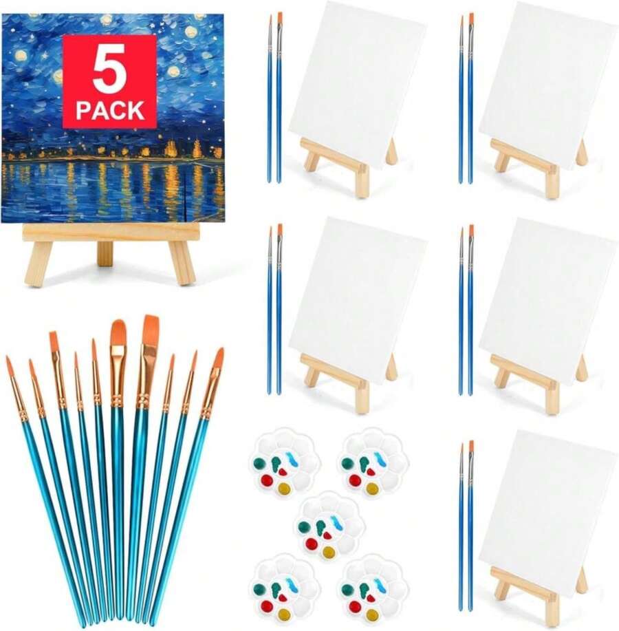 5 Pack 5.9In Canvas Boards For Painting, Art Canvas For Drawing With 20 Brushes &Amp; 5 Paint Trays, Mini Painting Canvas With Easel Set, Painting Kits For Adults &Amp; Kids Party - ColorA - 查看 1