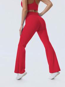 Coral Canton Women's Tight-Fitting Dancing Flared Yoga Sports Pants Legging High Waist Stretch Casual Soft Straight Leg Bottoms - 新年紅 - 查看 2