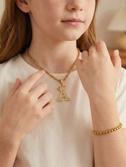 2pcs/Set Fashion Classic Gold Copper Set Zirconia Letter Pendant Necklace Chain Bracelet Party Jewelry Accessories Decorative Accessories Festival Jewelry Accessories