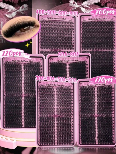 720pcs Eyelash Extension Kit, D Curl 30D+40D+50D+60D/40D +50D+60D+80D/60D+80DDIY Eyelash Extension Faux Mink Lashes - Premium D Curl Natural Curly Individual Eyelash Set DIY Eyelash Extension - Reusable, Lightweight And Easy To Use, Lash Clusters, Single Lashes, False Lashes