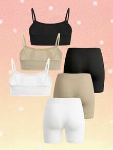 Set de 6 piezas de sujetador camiseta sin acolchado de unicolor cómodo y suave, y bragas de cintura elástica, adecuado para escuela, deportes, vacaciones diarias y uso en la playa en verano, para adolescentes y niñas - Multicolor - Ver 4