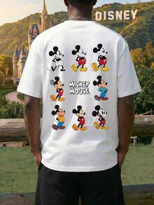 Men's White/Black Crew Neck Short-Sleeved T-Shirt Paired With Drawstring Shorts, Featuring Disney Mickey Mouse Lettering And Mickey Mouse Graphic Print. This Breathable And Comfortable Summer Casual Set Makes A Great Gift For Men. - 白色+黑色 - 查看 2