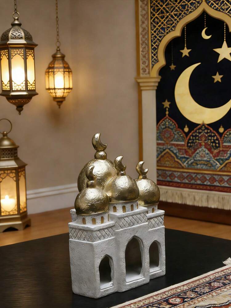 1pc Islamic Style Gold & White Vertical Symmetry Hollow-Out Decorative Piece, Suitable For Ramadan, Eid Al-Fitr, Home Decor, Office Display And Religious Celebrations - Castle - View 6