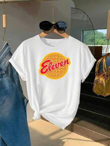 Koszulka damska Eleven Waffle Print, casualowa, modna, z krótkim rękawem, wygodna, o klasycznym designie na każdą porę roku - Biały - Zobacz 1