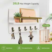 Key Holder For Wall House Decor Mail Organizer Wall Mounted With Shelf & 5 Sturdy Hooks For Hanging Dog Leash, Hats, Glasses, Rustic Wooden Key Rack For Apartment Essentials Room Decor - Trắng (Răng) - Xem 7