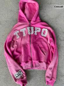 Y2K Grunge Varsity Letter Patch Zip-Up Hoodie Jacket - Puff Sleeve Oversized Pullover Sweatshirt With, Longline Casual Biker Outerwear For WoMen &, Year-Round Wear - Hồng - Xem 1