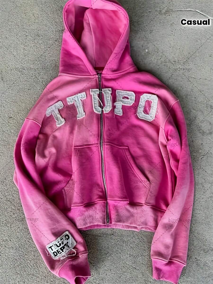 Y2K Grunge Varsity Letter Patch Zip-Up Hoodie Jacket - Puff Sleeve Oversized Pullover Sweatshirt With, Longline Casual Biker Outerwear For WoMen &, Year-Round Wear - Hồng - Xem 1
