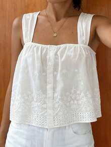 Standard Size Women's Spring/Summer Square Neck Camisole With Ruched Eyelet Embroidery Fabric Ruffled Hem Casual Vacation Short Shirt White - White - View 5