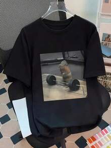 大码女式趣味猫咪印花健身T恤，适合日常穿着、外出、度假、夏季、海滩派对、音乐节、假期、通勤等各种场合，休闲黑色 - 黑色 - 查看 2