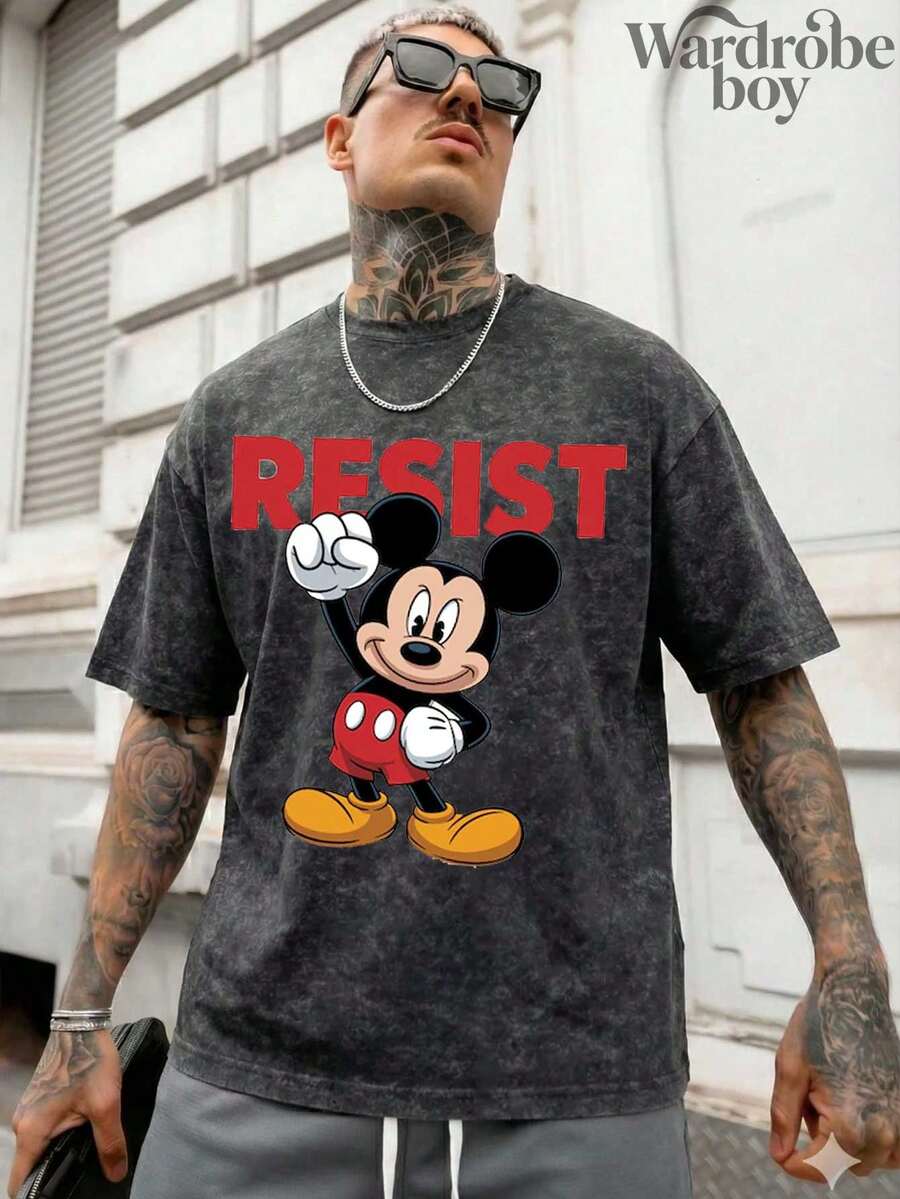 Disney Printed Wash Water T-Shirt,Rebellion Mickey Mouse T-Shirt, Mickey Mouse Rebellion T-Shirt, Disney T-Shirt, Fun T-Shirt,Unisex,High-Quality Pure Cotton T-Shirt,Suitable For All Seasons, Comfortable And Breathable| Exquisite Design | The Best Choice For Giving Gifts - màu đen - Xem 1