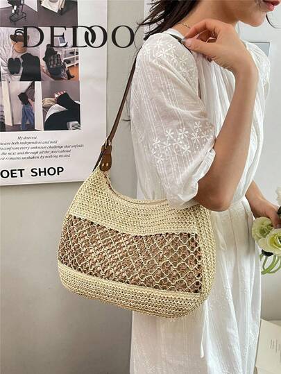 Dedoo Women's Fashion Summer Casual Hollow Woven Straw Tote Bag, Large Capacity Shoulder Handbag Suitable For Beach & Vacation