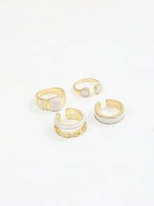 Bộ 4 chiếc nhẫn dây xích hình học đa năng thời trang, kiểu dáng cổ điển với họa tiết men sứ, hình trái tim và hình vuông dành cho nữ. - Vàng - Xem 4