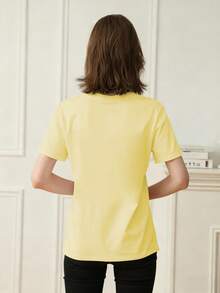 女士夏季新款休闲标语印花宽松圆领短袖T恤，时尚日常及假日穿着，女士T恤上衣 - 黃色 - 查看 5
