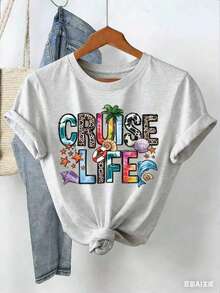 Women "Cruise Life" Summer Vibe Letter Print Short Sleeve Crew Neck T-Shirt-White And Navy Off-The-Shoulder Cropped Top ST Patrick' S Day - Xám - Xem 1
