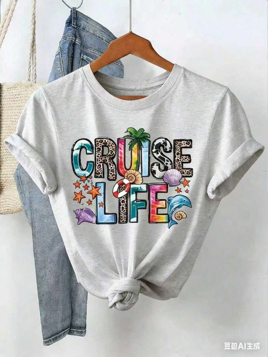 Women "Cruise Life" Summer Vibe Letter Print Short Sleeve Crew Neck T-Shirt-White And Navy Off-The-Shoulder Cropped Top ST Patrick' S Day - Xám - Xem 1