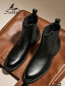 Salkin Vintage Designer Men's Chelsea Boots, Slip-On Style, Pointed Toe Design, Luxury Mid-Calf Ankle Boots, Men's Soft Genuine Leather Boots, Gentleman Business Formal Shoes, Casual Office Party Shoes, Romantic Dinner Date Gift, Back To School Student Shoes, Collegiate Style, Suggest Sizing Up One Size - Black - View 5