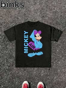 Disney Binks Mickey Mouse Cartoon Printed Short Sleeved T-Shirt, Fashionable Loose Sleeved T-Shirt On The Street. Spring And Summer Fashionable Versatile Tops, Holiday Gifts, Vintage Prints. - màu đen - Xem 2