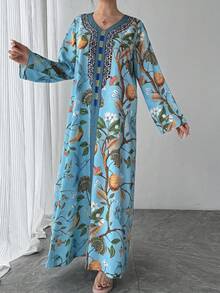 1pc Women's V-Neck Long Sleeve Casual Elegant Ditsy Floral Dress, Suitable For Parties, Galas, Holidays, Mother's Day And Other Occasions, Great Gift For Mom, Daughter, Friends - Baby Blue - View 4