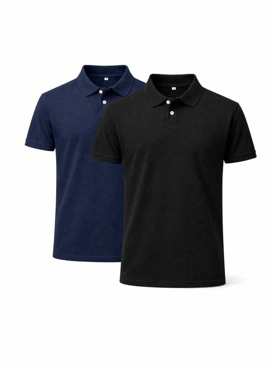 Kit Of 2 Men's Slim-Fit Polo Shirts, Comfortable, All Regular Fit, Double Button. - Black and BlueM - View 1